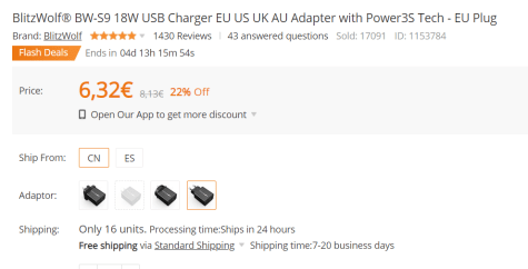 Blitzwolf BW-S9 QC-3 adapter with Power3S Tech - EU Plug voor €6,32 Aanbiedingen