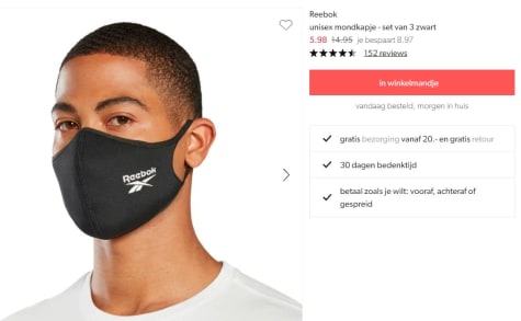 3 Pack Reebok unisex mondkapjes voor €5,98 bij Wehkamp