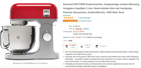 Kenwood Keukenmachine kMix KMX750RD voor €159 na cashback