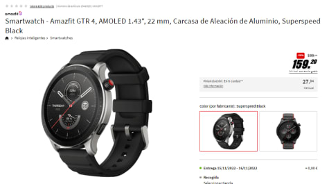 Smartwatch  Amazfit GTR 4, AMOLED 1.43, 22 mm, Carcasa de Aleación de  Aluminio, Superspeed Black