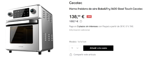 Horno freidora de aire Bake&Fry 1400 Steel Touch Cecotec