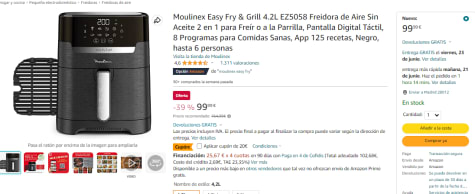 Moulinex Easy Fry & Grill 4.2L EZ5058 Freidora de Aire Sin Aceite 2 en 1