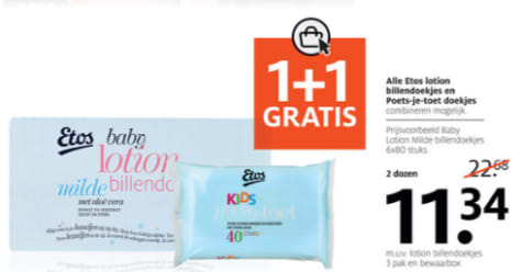 1+1 Gratis op Lotion billendoekjes en poets-je-toet doekjes bij Etos Aanbiedingen