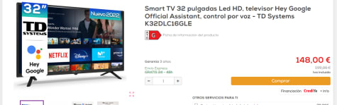 Smart TV 32 pulgadas Led HD, televisor Hey Google Official Assistant,  control por voz - TD Systems