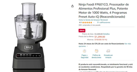  Ninja Foodi FP601CO, Procesador de Alimentos Profesional Plus,  Motor de 1000 Watts, 4 Programas Preset Auto-iQ (Reacondicionado) 
