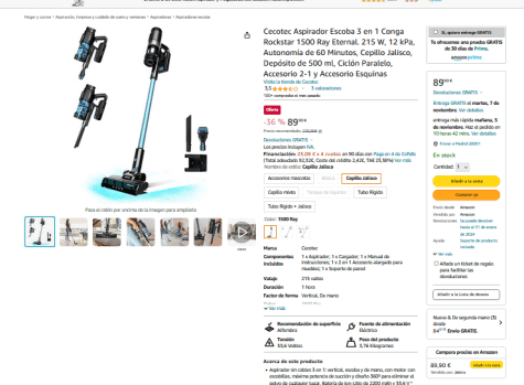 Cecotec Aspirador Escoba 3 en 1 Conga Rockstar 1500 Ray Eternal. 215 W, 12  kPa, Autonomía de 60 Minutos, Cepillo Jalisco, Depósito de 500 ml, Ciclón  Paralelo, Accesorio 2-1 y Accesorio Esquinas : : Hogar y cocina