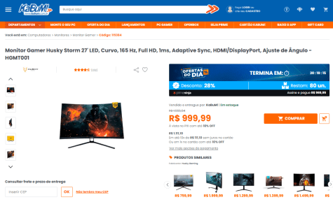 Monitor Gamer Husky Storm 27' LED, Curvo, 165 Hz, Full HD, 1ms