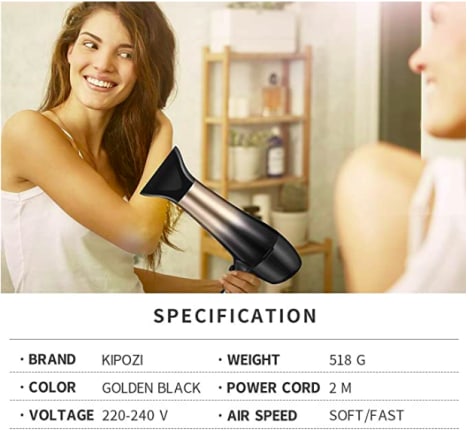 KIPOZI Secador Pelo Profesional 2200W Secador Ionico con Difusor y  Concentrador €17,99
