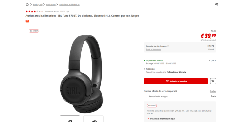 Auriculares inalámbricos marca JBL Tune midelo 570BT, color, Negro por  39,90€