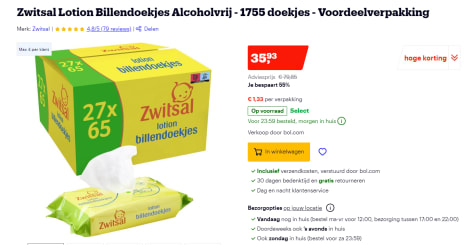 raket Brandewijn heilig Zwitsal Lotion Billendoekjes Voordeelverpakking 24x65=1560 doekjes voor  €35,93 bij Bol.com
