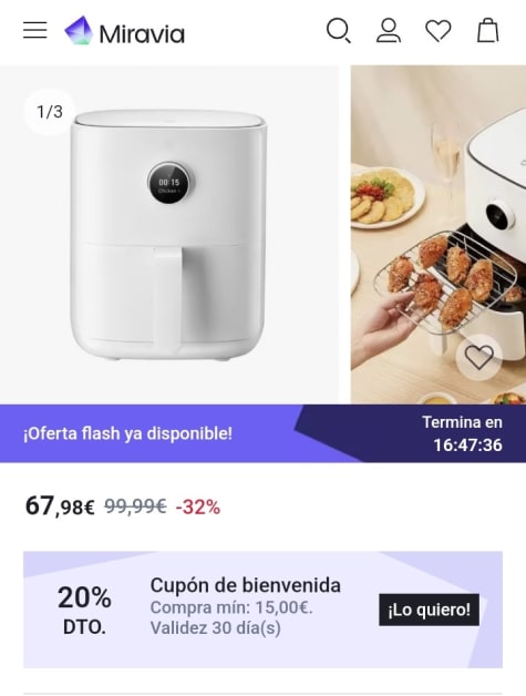 Freidora de aire  Xiaomi Mi Smart Air Fryer, 1500 W, 3.5 l, 40-200°C,  OLED, Control por voz, Blanco