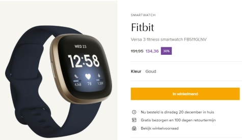 Fitbit Versa 3 Blauw/Goud voor €134,36 bij de Bijenkorf