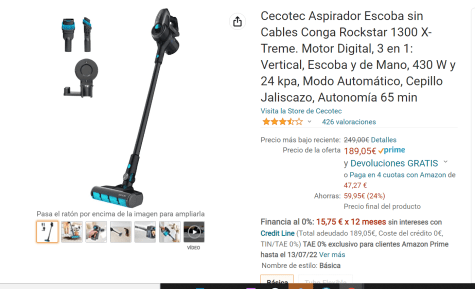 Cecotec Aspirador Escoba sin Cables Conga Rockstar 1300 X-Treme