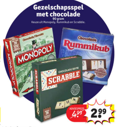 map vliegtuig Amerikaans voetbal Monopoly, Scrabble of Rummikub chocolade editie voor €2,99