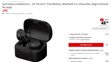 Auriculares inalámbricos - JVC HA-A11T, True Wireless, Bluetooth 5.1,  Intraurales, Negro+Estuche de carga por 43.34€ en Mediamarkt