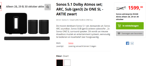 Sonos Arc One SL 5.1 Home Theatre Set voor €1.599 bij Apollo