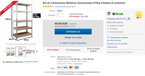 Set de 2 Estanterias Metalicas Galvanizadas 875kg 5 Baldas (2 unidades)