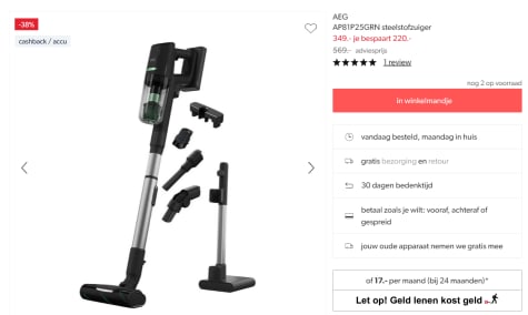 AEG steelstofzuiger voor €279 na cashback bij Wehkamp