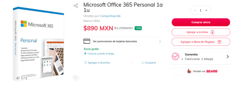 Microsoft Office 365 Personal por $890 en Sears