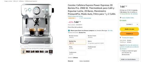 Cecotec Cafetera Express Power Espresso 20 Barista Pro. Thermoblock para  Café y Espumar Leche, 20 Bares, Manómetro PressurePro.
