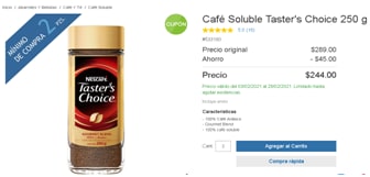 Café Soluble Taster's Choice 250 g por $244 en Costco