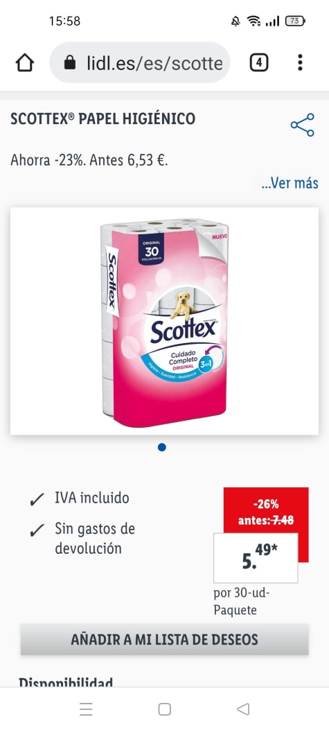 Papel Higiénico Scottex 30 Rollos por solo 3,49€