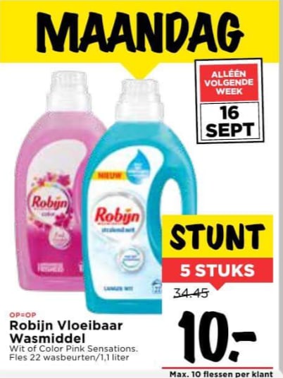 5 Flessen Robijn wasmiddel voor €10 Aanbiedingen