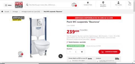 Pack WC suspendu "Baunova" pour 239€ chez Bricodepot