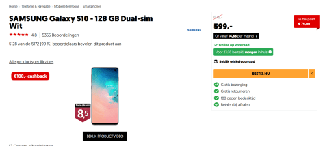 Samsung Galaxy S10 - 128 GB - Dual SIM - Wit voor €499 dmv cashback