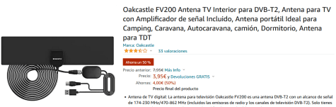 Oakcastle FV200 Antena TV Interior para DVB-T2, Antena para TV con  Amplificador de señal Incluido