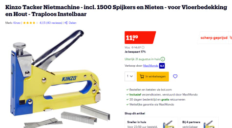 pijp Tirannie Retoucheren Kinzo Tacker Nietmachine - incl. 1500 Spijkers en Nieten voor €11,99 bij  Bol.com