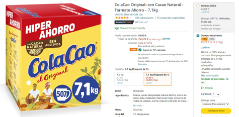 ColaCao Original: con Cacao Natural - Formato Ahorro - 7,1kg por 18,52€ en