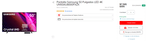 Pantalla Samsung 50 Pulgadas LED 4K UN50AU8000FXZX