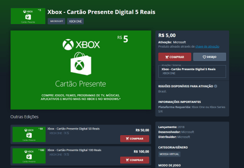 Xbox - Cartão Presente Digital 5 Reais - PC - Compre na Nuuvem