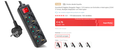 Aigostar Regleta alargador de 3 enchufes con cable de 1,5 metros e