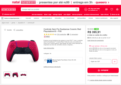 Controle da Sony, modelo Dualsense Cosmic Red para PS5 - R$ 395,91