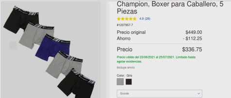 Boxer Champion para Caballero 5 Piezas por 336.75 en Costco