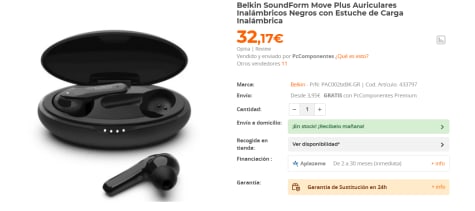 Belkin SoundForm Move Plus Auriculares Inalámbricos Negros con Estuche de Carga  Inalámbrica, PcComp