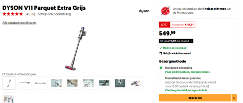 Dyson V11 Parquet Extra - steelstofzuiger voor €549,99 bij de Mediamarkt
