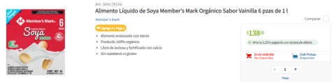 2 x 1 en leche de soya Member's Mark en Sam's Club