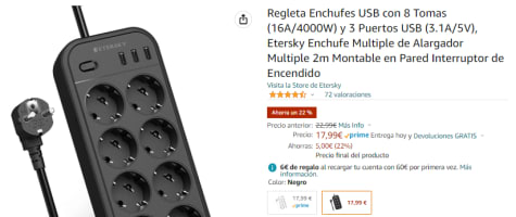 Ladrón de enchufes con interruptores, 3 tomas y 3 USB por 17,99€ antes  49,99€.