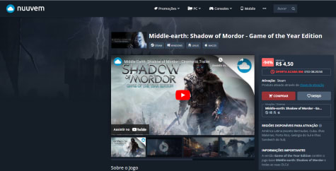 Jogo: Middle-earth: Shadow of Mordor na Nuuvem - R$ 4,50