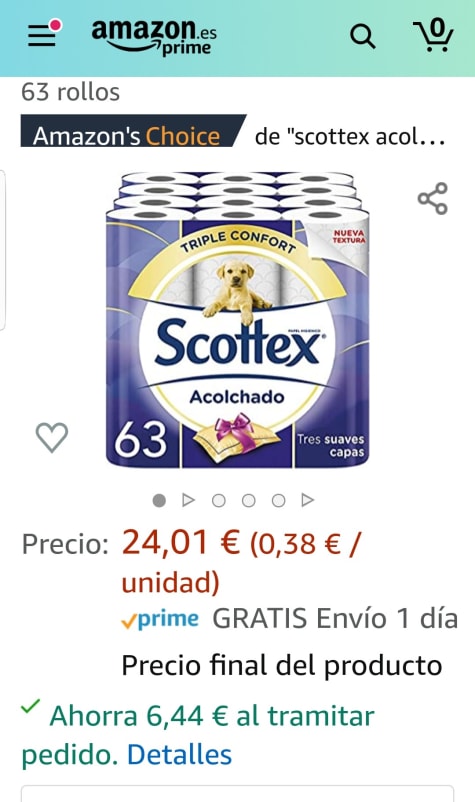 Papel higiénico: 63 rollos de Scottex Acolchado por sólo 24,49€.