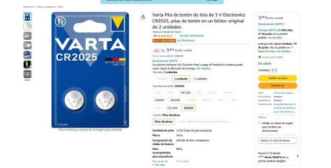 Varta Pila de botón de litio de 3 V Electronics CR2025, pilas de botón en  un blíster original de 5 unidades : : Electrónica