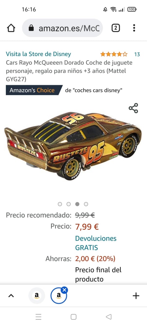 COCHE CARS RAYO MCQUEEN DORADO