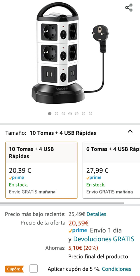 Regleta Torre Sobretensión de 10 Tomacorrientes y 4 Rápida USB Tomas, Cable  de 2M por 19