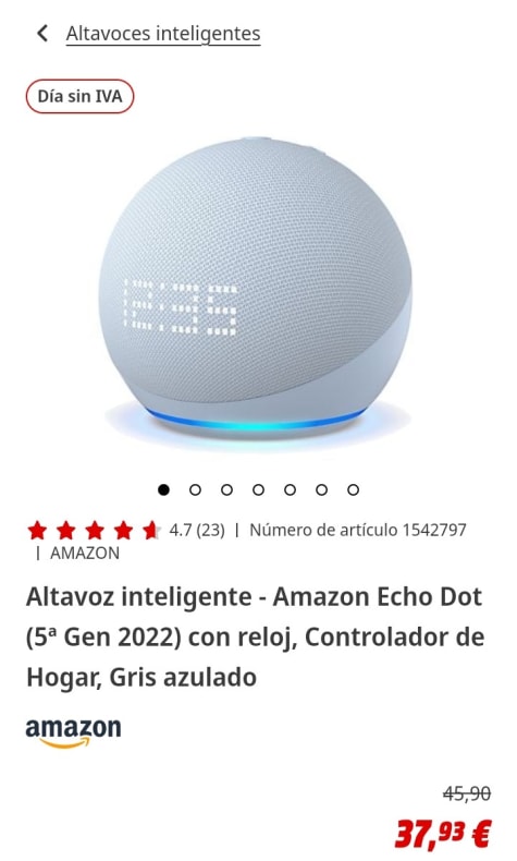 Echo Dot con reloj (5.ª generación, modelo de 2022)  Altavoz inteligente  wifi y Bluetooth con Alexa y reloj por 37,93€.