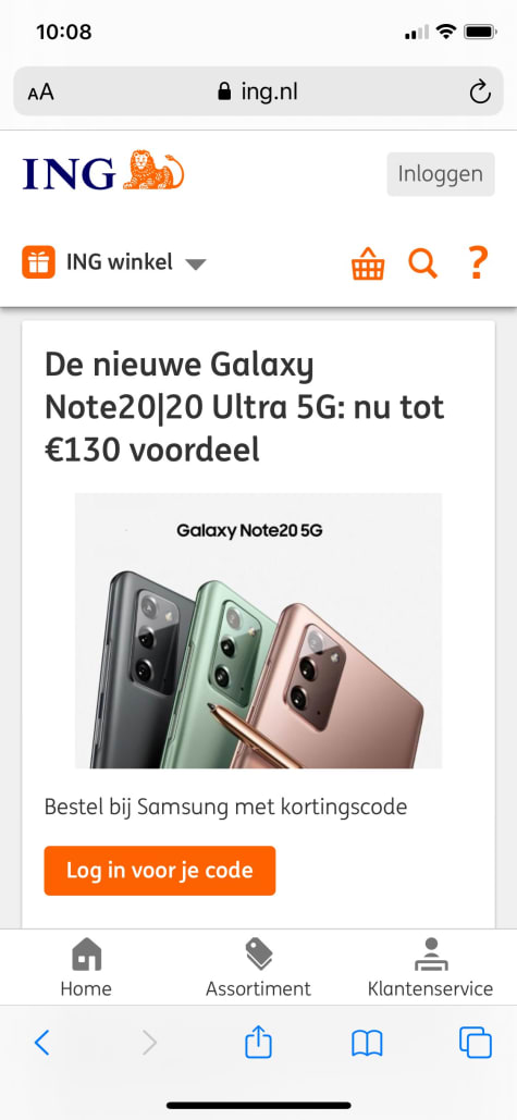 €130 korting op een galaxy note en note ultra via ing punten