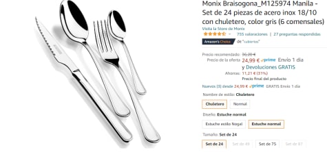 Monix Braisogona M125974 Manila - Set de 24 piezas de acero inox 18/10 con  chuletero, color