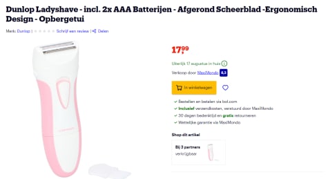 Dunlop Ladyshave incl. 2x AAA Batterijen Afgerond Scheerblad voor €17,99  bij Bol.com